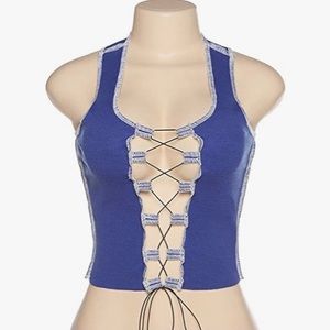 Blue ribbed contrast stitch tank lace up crop top